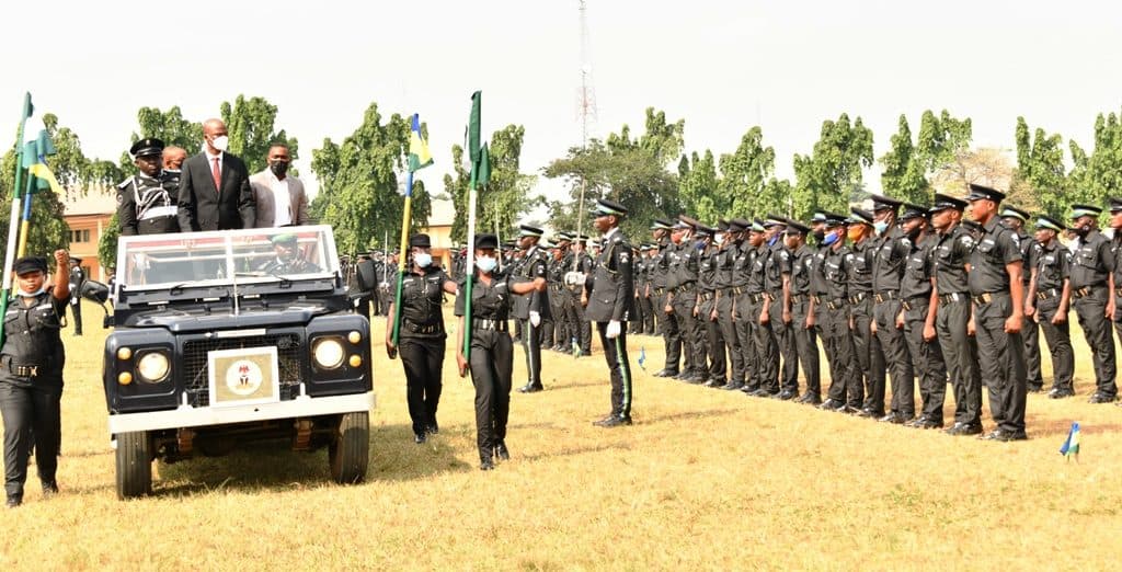 Tayo Ayinde, representative of Lagos State Governor and the Chief of Staff to the Governor (middle in motorcade), inspecting the Guard of Honour during the passing out parade of 1,250 Special Constabulary Officers at the Police College, Ikeja, on Tuesday, January 5, 2020. Photo: @followlasg/X.