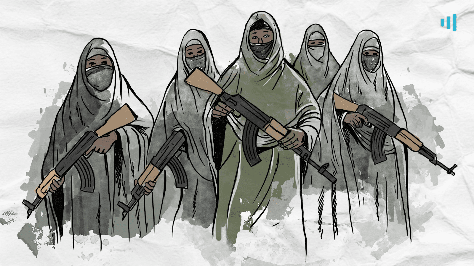 Illustration of five women in traditional veils holding rifles against a textured background.