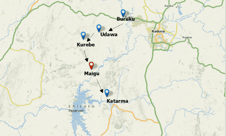 Map showing various locations with markers near Kaduna, Nigeria, featuring towns and a reservoir.