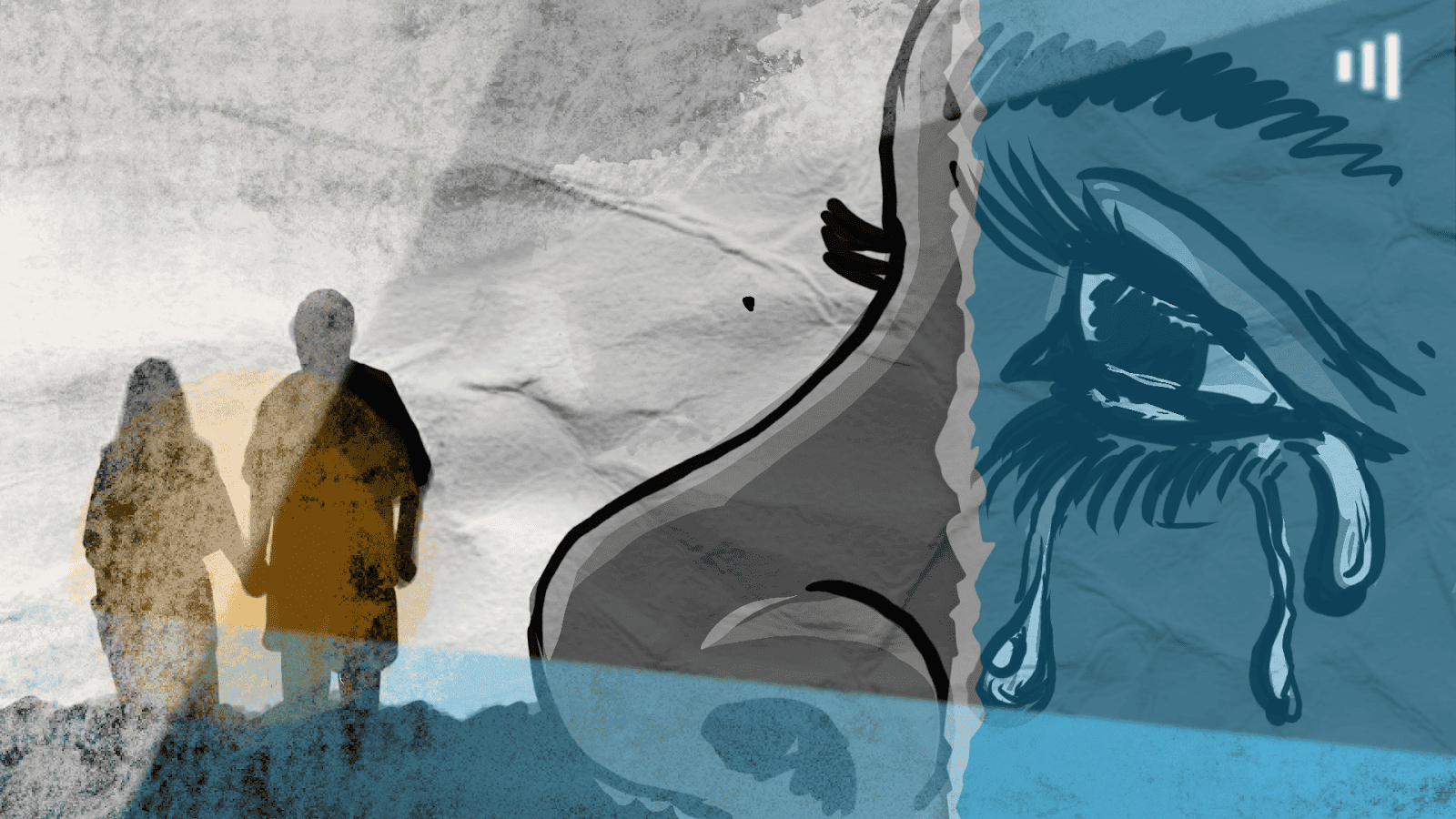 Abstract art with a couple's silhouette overlapped by a crying eye, depicting emotions.