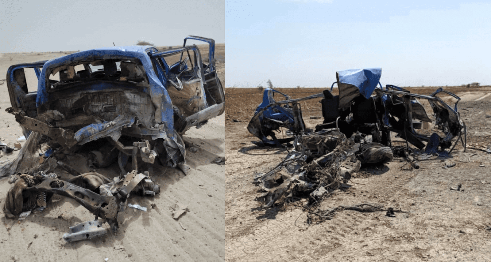 Two images of a severely wrecked blue vehicle in a desert-like environment.