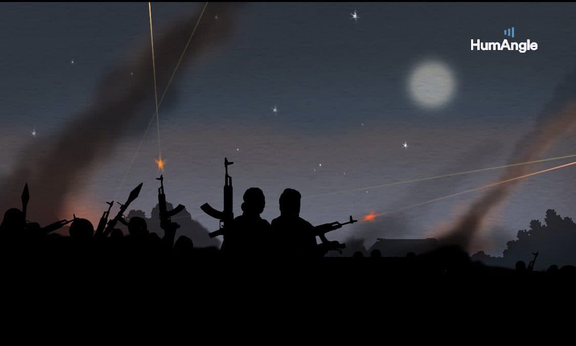 Silhouetted figures with weapons against a twilight sky with light streaks and a watermark "HumAngle".