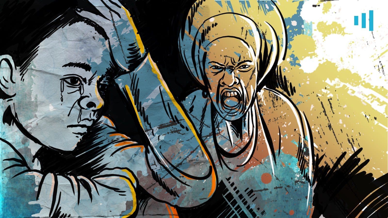 Illustration of two contrasting characters: one looking thoughtful and the other yelling. Vibrant, abstract background.