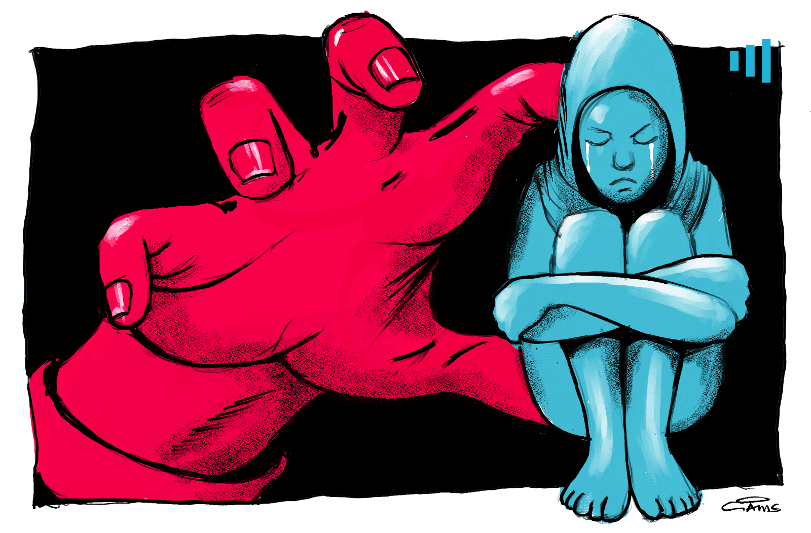 Illustration of a small blue figure sitting hunched over, dominated by a giant red hand looming over it.
