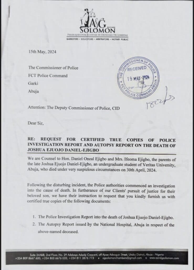 An official document with a letterhead from IAG Solomon, requesting police and autopsy reports for Joshua Ejujo Daniel-Ejigbo.