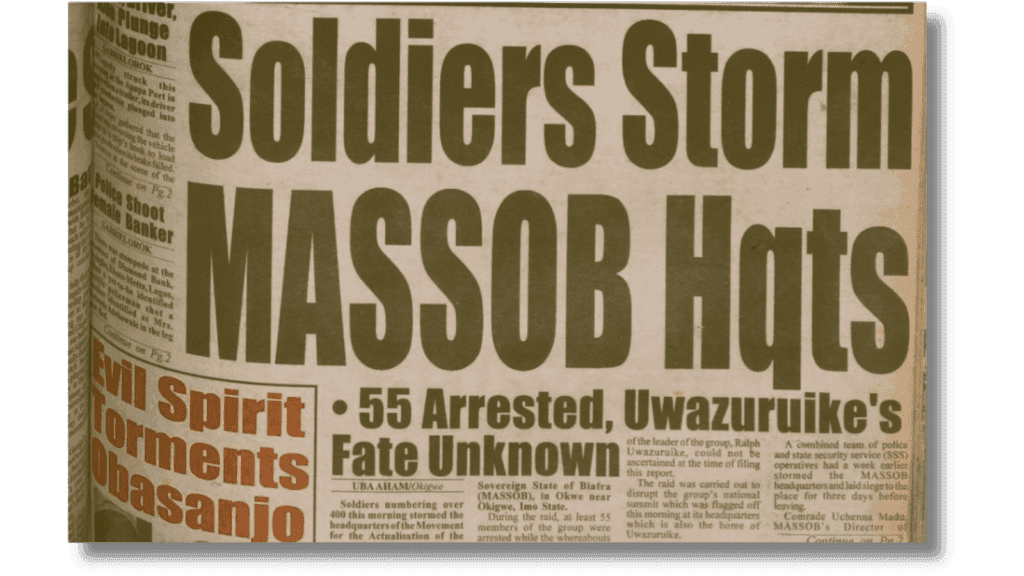 Close-up of a newspaper headline about soldiers storming MASSOB headquarters, with 55 arrested and a leader