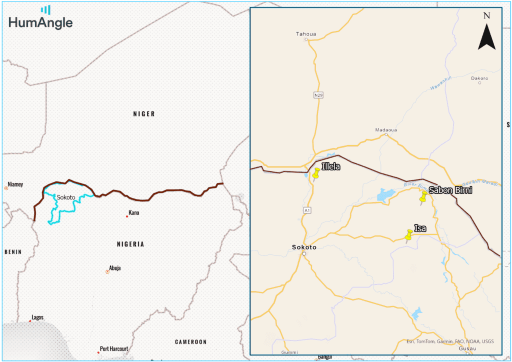 Map highlighting Sokoto in Nigeria near the border with Niger, showing roads and nearby towns like Illela.