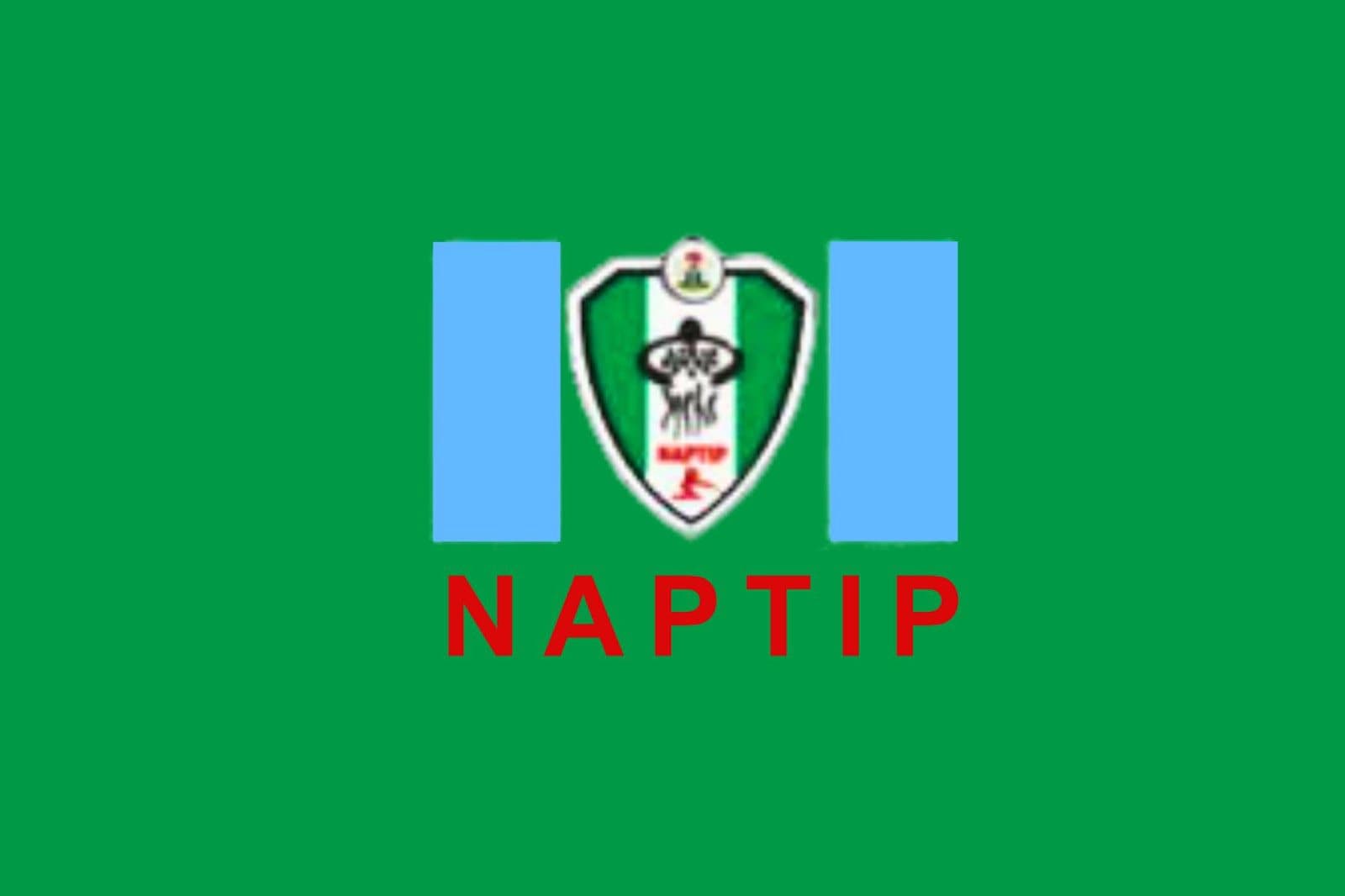 A green flag with a crest flanked by two blue vertical rectangles and the acronym "NAPTIP" in red at the bottom.