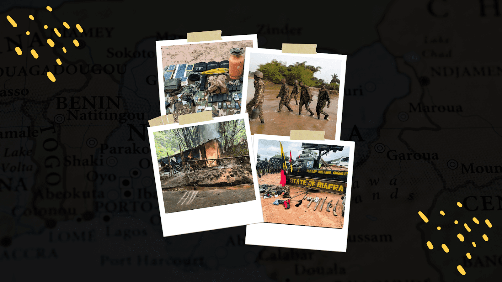 A collage of photos, including military personnel, weapons, and a burning structure, overlaid on a map of Africa.