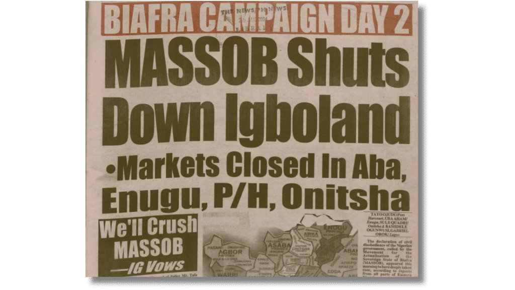 Newspaper headline about MASSOB shutting down parts of Igboland, with a map showing affected areas.