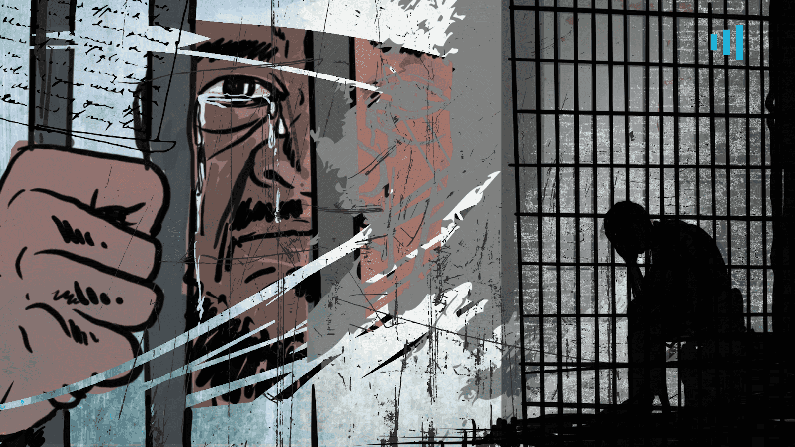 Artistic depiction split between a close-up of a man's eye and a silhouette of a person in a cell, reflecting themes of imprisonment.