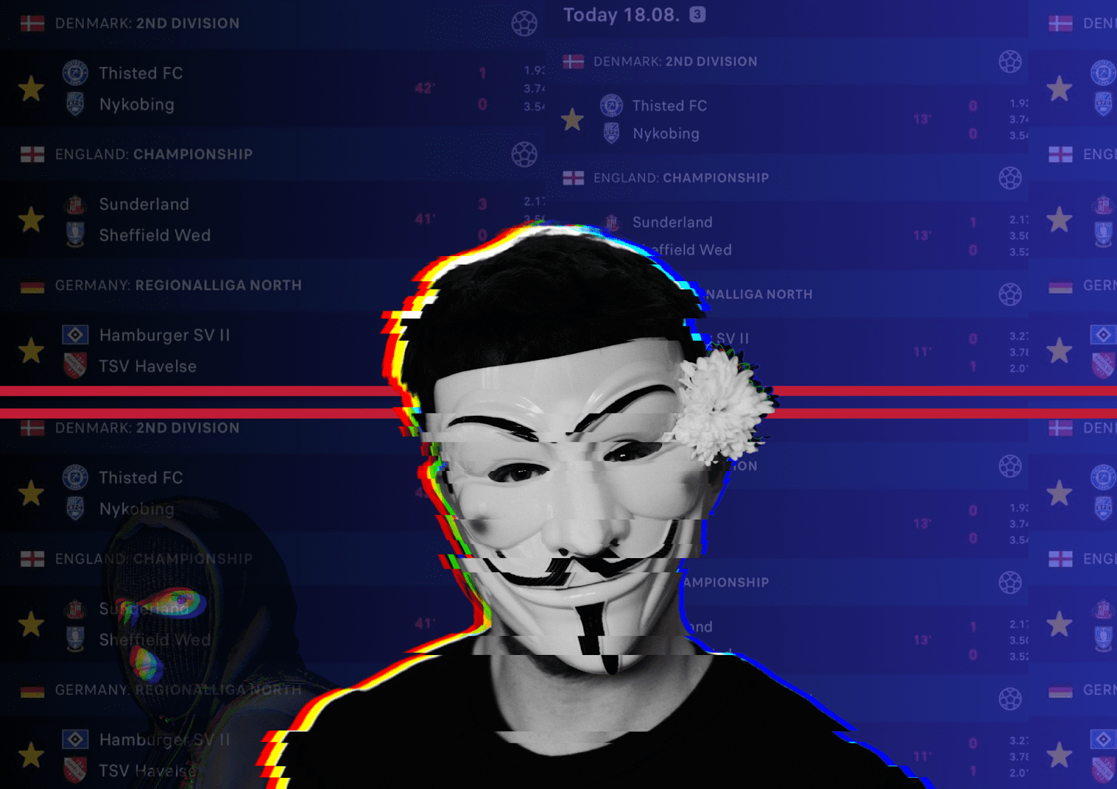 Person wearing a Guy Fawkes mask with a glitch effect and football match scores in the background.