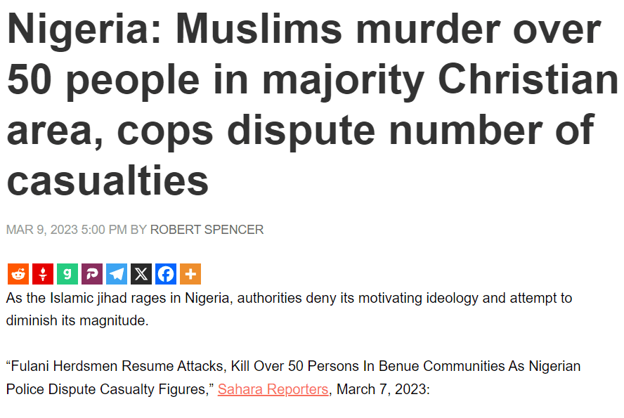 Text headline about conflict in Nigeria with disputed casualty numbers, date, author