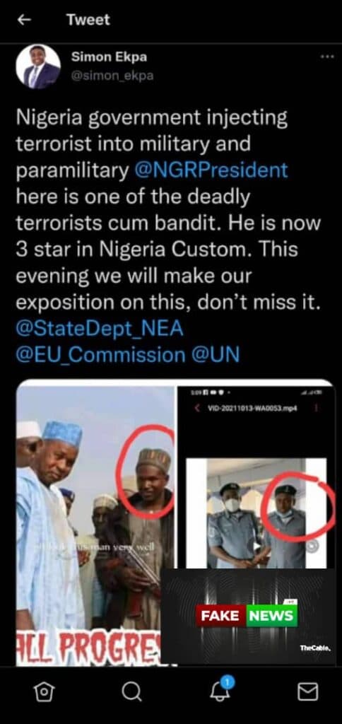 Image of a tweet claiming a man is a former bandit now holding a position in Nigeria
