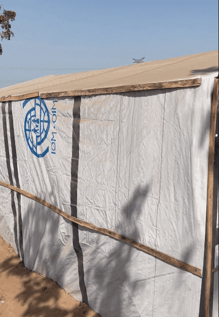 A temporary shelter with white tarp walls displaying the IOM logo under a clear blue sky.