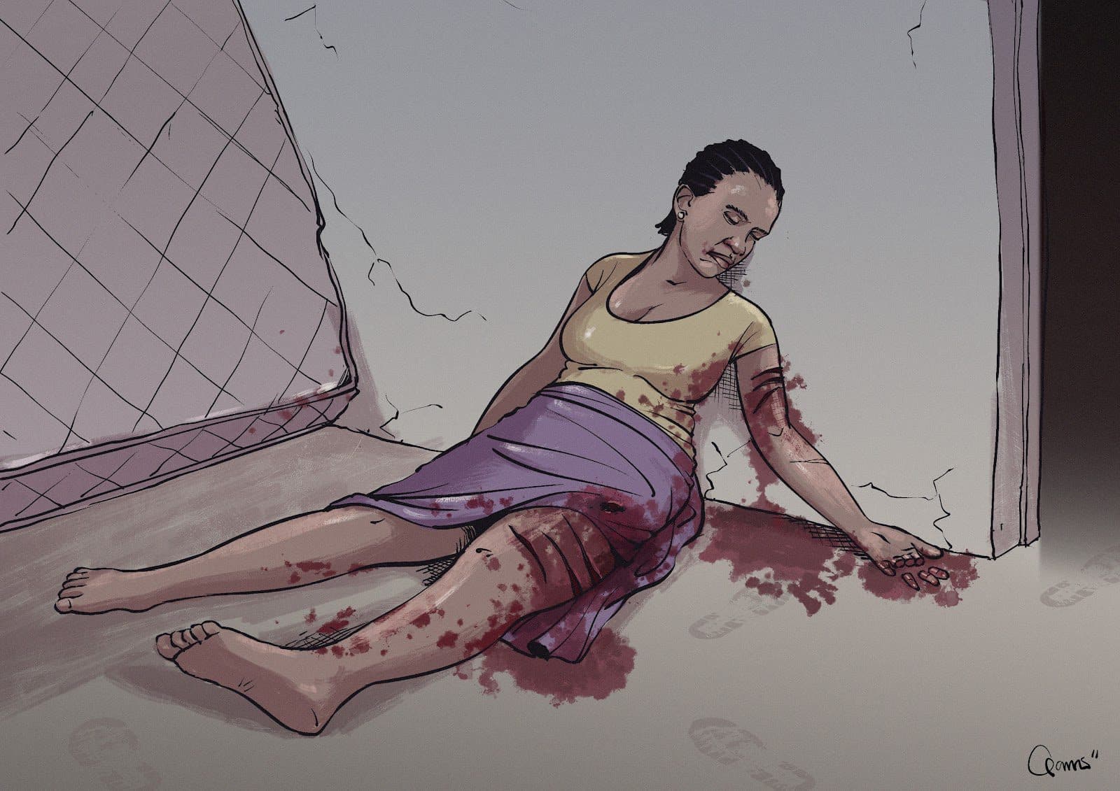 Illustration of a woman lying on the ground near a net with bloodstains, suggesting an injury or altercation.
