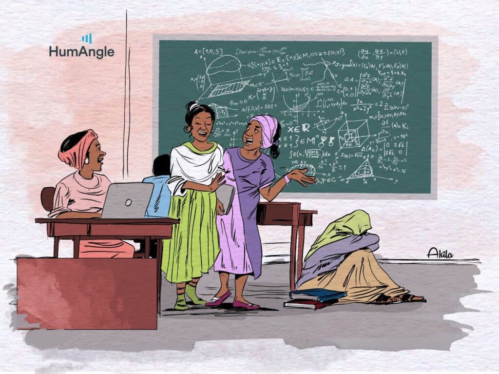 Illustration of three women in a classroom, one teaching at a chalkboard filled with equations, the others at a desk with a laptop.