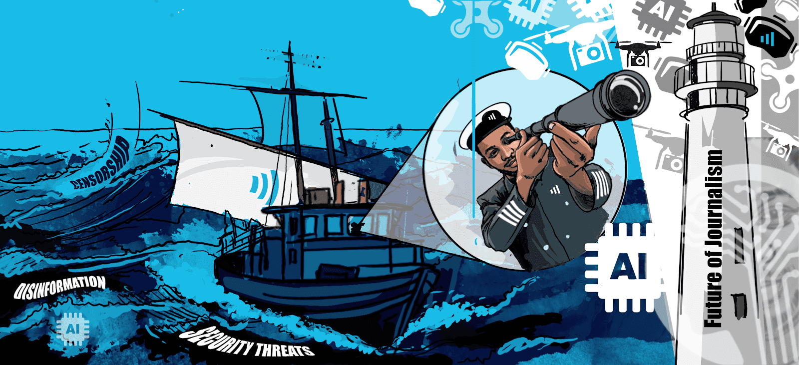 A sailor on a ship observes through a spyglass amidst waves labeled "Censorship," "Disinformation," and "Security Threats," with AI imagery.