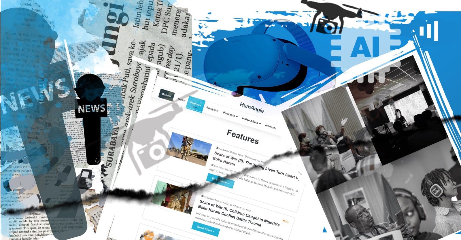 Collage showing newspaper clippings, VR headset, AI, news mic, and website interface with article excerpts and event photos.