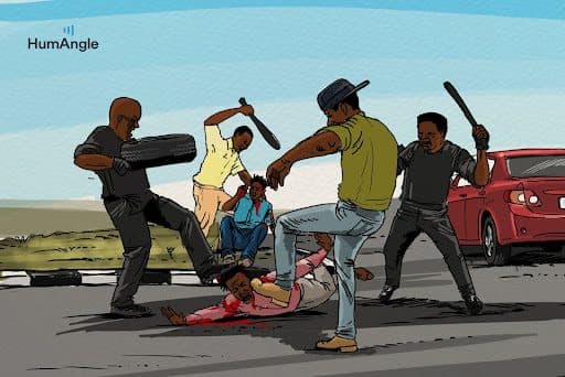 Illustration of five men attacking another man on a road with sticks and a car tire. Two people are watching in the background.