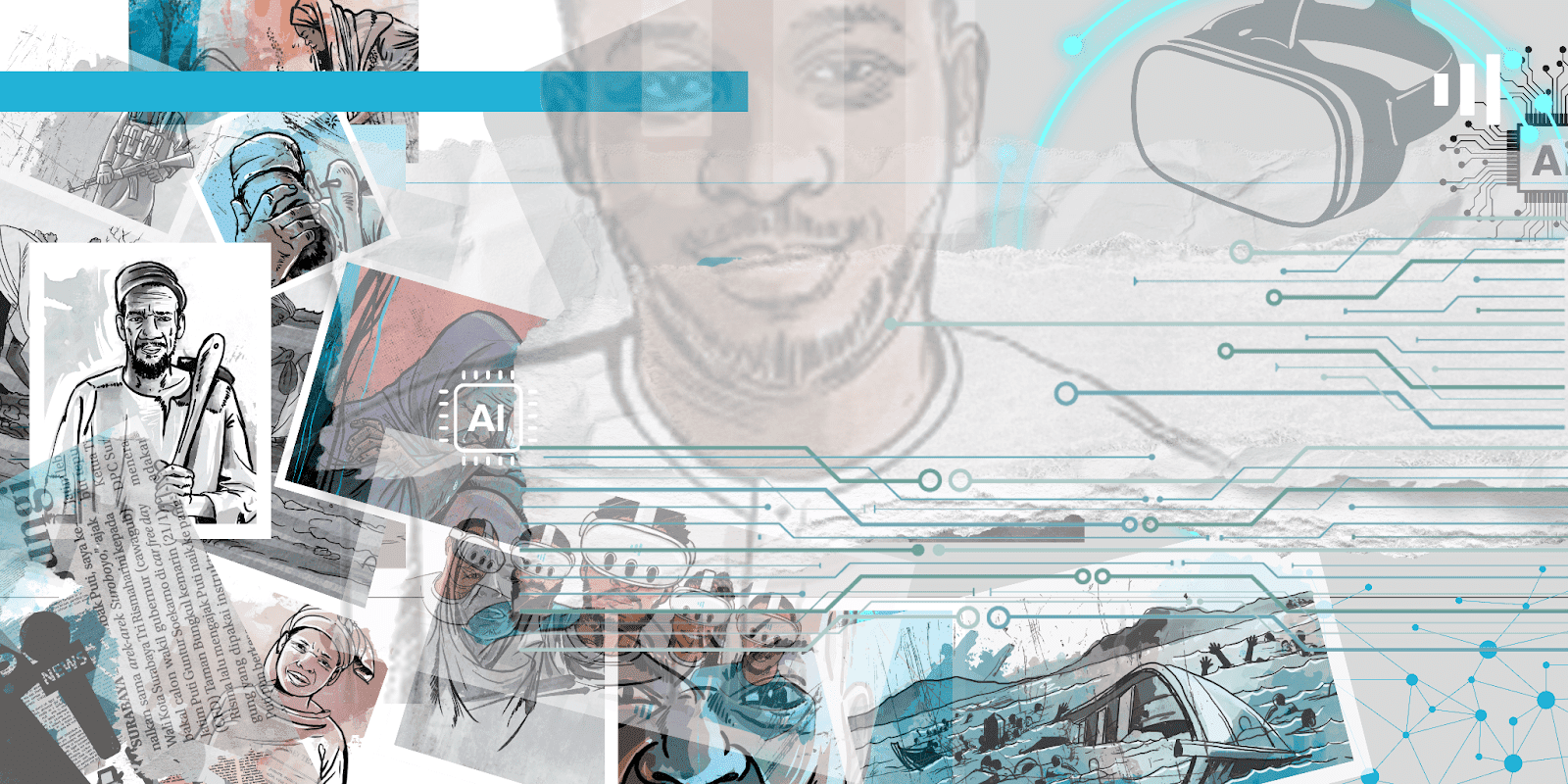 A collage of sketches featuring people, newspapers, and digital elements like VR and circuits, creating a tech and media-themed artwork.