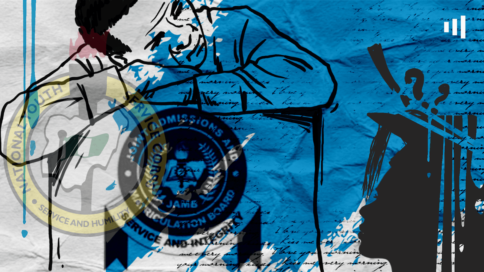 Illustrated face on blue background with Nigerian service and education emblems, faint text, and silhouette of graduate with question marks.