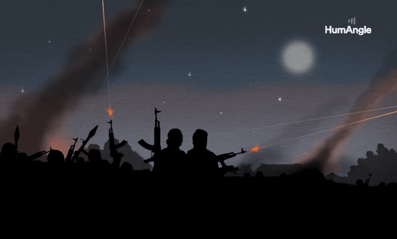 Silhouetted figures with rifles at night, under a moonlit sky with smoke and flashes of gunfire.