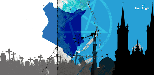 Silhouettes of graves and mosques with a cracked map in the center, overlaid with a blue compass.