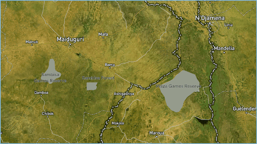 Map showing regions in Nigeria and Cameroon, highlighting Sambisa Forest and Waza Game Reserve with surrounding cities.