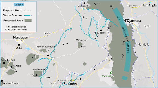 Map showing elephant herds, water sources, and protected areas near Maiduguri and N