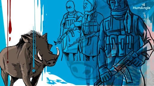 Illustration of armed figures in vests with a warthog in the foreground, under a blue and red abstract background.