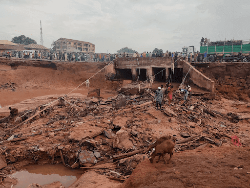 Collapsed bridge with debris, onlookers in the background, and a goat in the foreground.