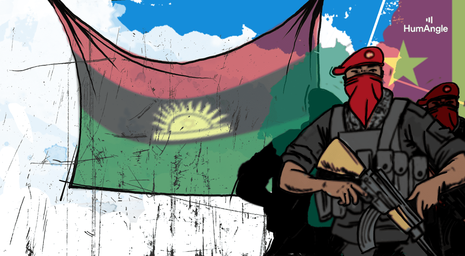 Illustration of masked individuals with rifles in front of a red, black, and green flag with a yellow symbol.