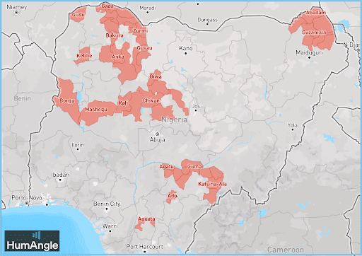 Map of Nigeria highlighting areas in red, indicating regions likely affected by a specific issue. Major cities and borders are visible.