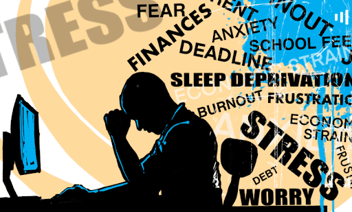 Silhouette of a stressed person at a computer surrounded by words like anxiety, finances, and worry.