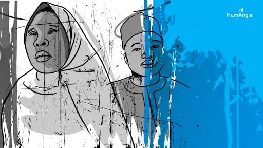 Sketch of two people on an abstract background divided into gray and blue sections with a "HumAngle" logo in the corner.
