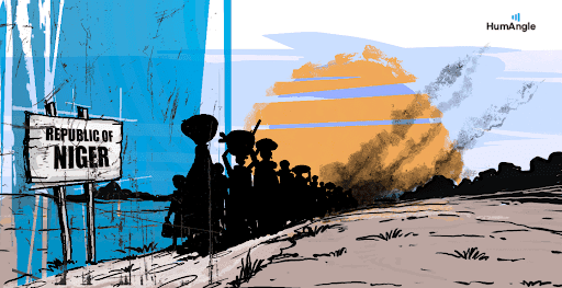 Silhouetted group near "Republic of Niger" sign, facing a smoky horizon under a colorful sky.