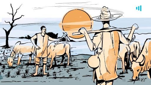 Two herders with cattle in a field, one with a hat and staff, another with a rope, against a sunset backdrop.