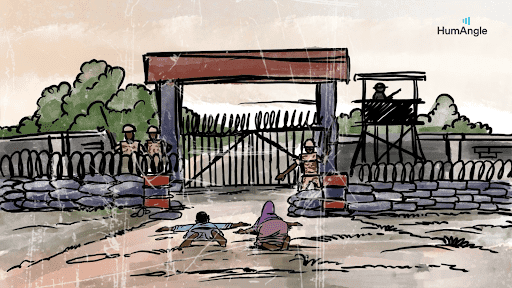 Illustration of two people crawling towards a guarded border gate with barbed wire, surrounded by soldiers and watchtower.