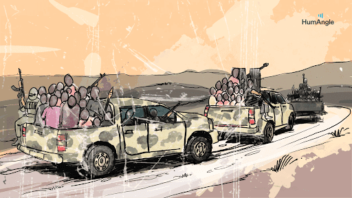 Military vehicles with armed occupants drive on a dirt road through a desert landscape, illustrated in a stylized artistic manner.