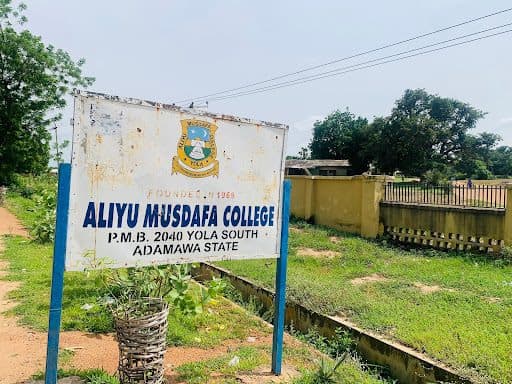 Sign for Aliyu Musdafa College, Yola South, Adamawa State, Nigeria, with greenery and buildings in the background.