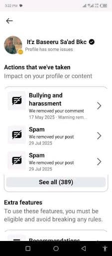 Profile issues notification showing actions taken for bullying/harassment and spam. Total of 389 actions listed.