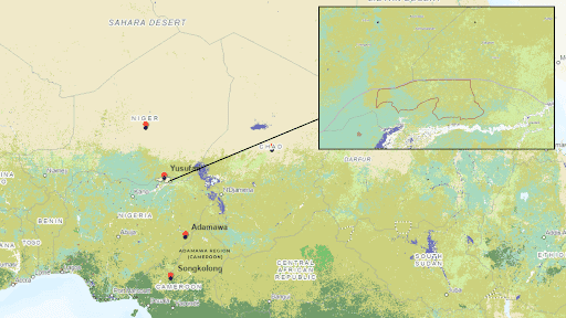 Map showing parts of West and Central Africa, highlighting locations like Yusufi, Adamawa, and Songkolong with an inset detail.
