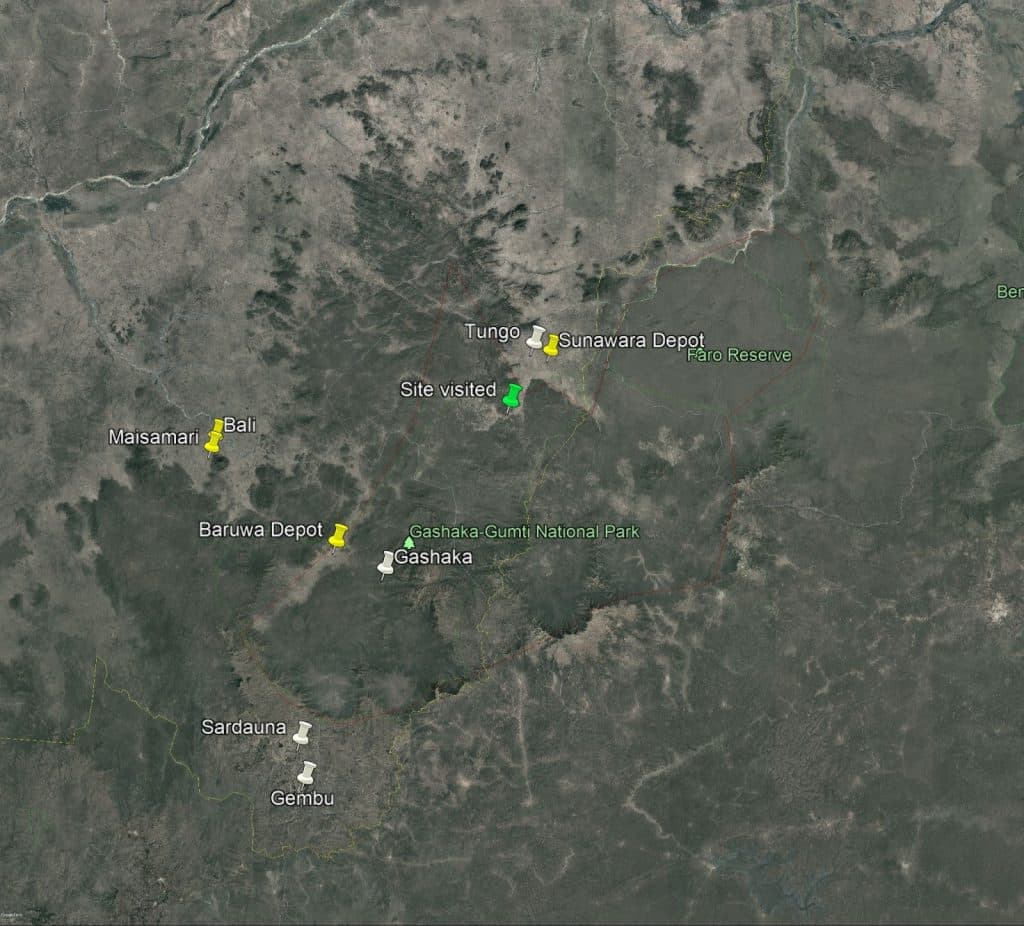Map showing locations in Gashaka-Gumti National Park area, including Bali, Maisamari, Gembu, and visited sites marked with pins.