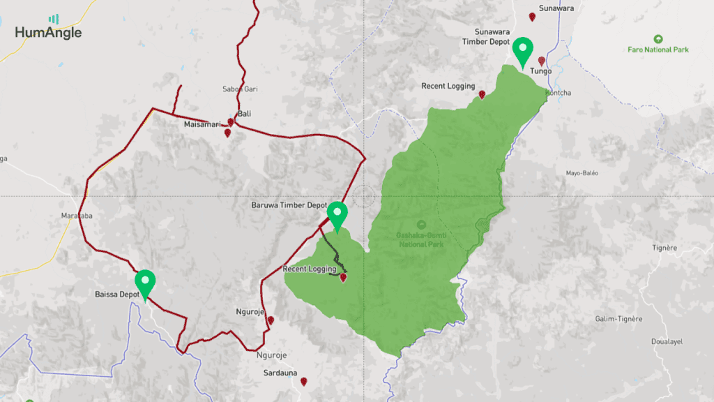 Map highlighting logging sites and depots near Gashaka-Gumti National Park, with red paths, green areas, and location markers.
