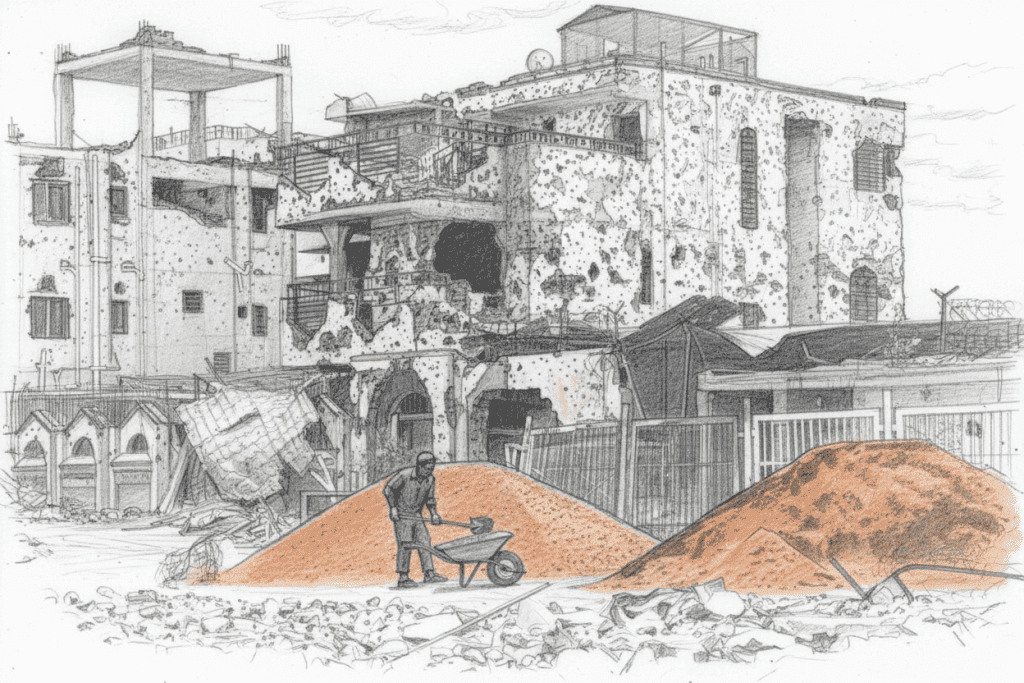 Person with wheelbarrow near piles of sand in front of a heavily damaged building.