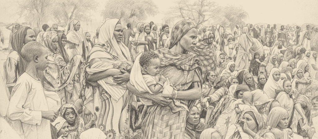 Pencil sketch of a large crowd with women and children, many wearing headscarves. The central figure holds a baby.