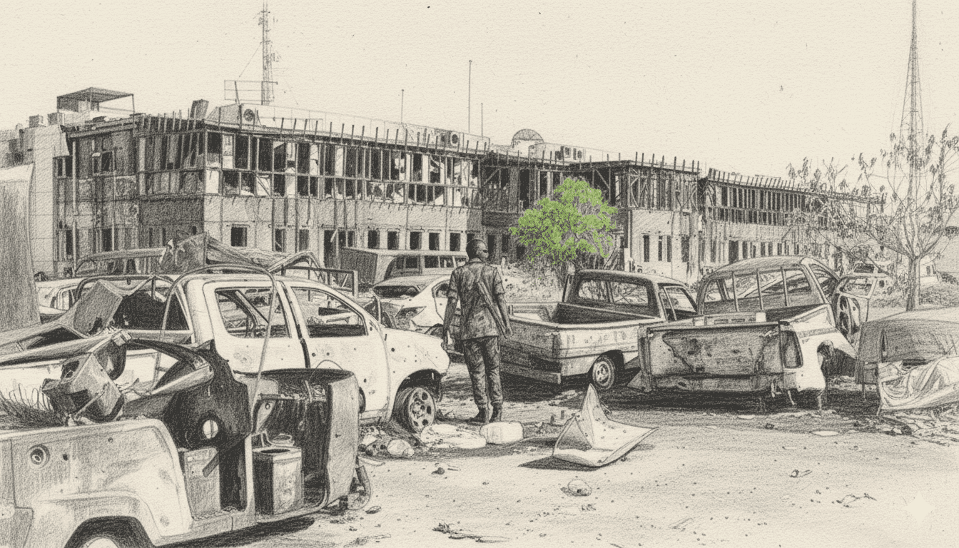 A soldier stands among wrecked vehicles and a damaged building, with a lone green tree in the background.