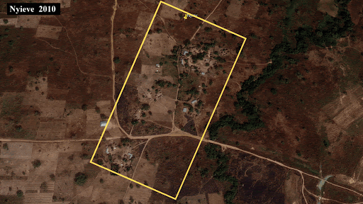 Animated satellite view of Nyieve village, showing changes between 2010 and 2020. Roads and vegetation vary over time.