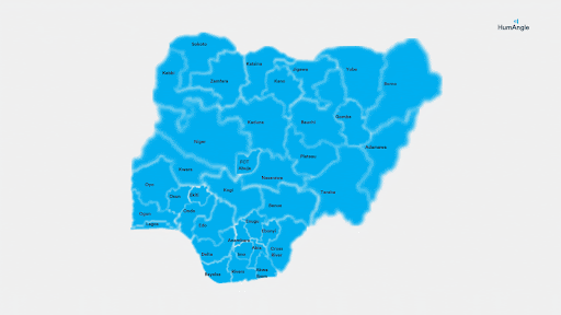 Map of Nigeria highlighting each state in blue with names visible.